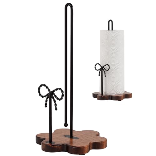 Tocemei Wood Paper Towel Holder Countertop Floral Wood Base with Iron Bow DecorDual Antique Brown Iron RodsStable NonSlip Elegant Farmhouse Style for KitchenDining Room Black - Image 1