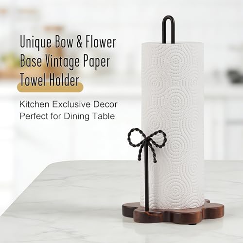 Tocemei Wood Paper Towel Holder Countertop Floral Wood Base with Iron Bow DecorDual Antique Brown Iron RodsStable NonSlip Elegant Farmhouse Style for KitchenDining Room Black - Image 3