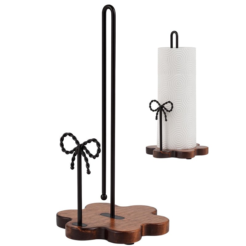Tocemei Wood Paper Towel Holder Countertop Floral Wood Base with Iron Bow DecorDual Antique Brown Iron RodsStable NonSlip Elegant Farmhouse Style for KitchenDining Room Black - Image 2