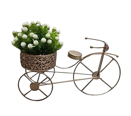 Homenique Homenique Iron Cycle Shape Round Shape Flower Vase With Artificial White Flowers Bunch Decorations For Living Room BedroomDrawing Room Home Decor And GiftCycle Basket Moving With Assorted Flower  - Image 1