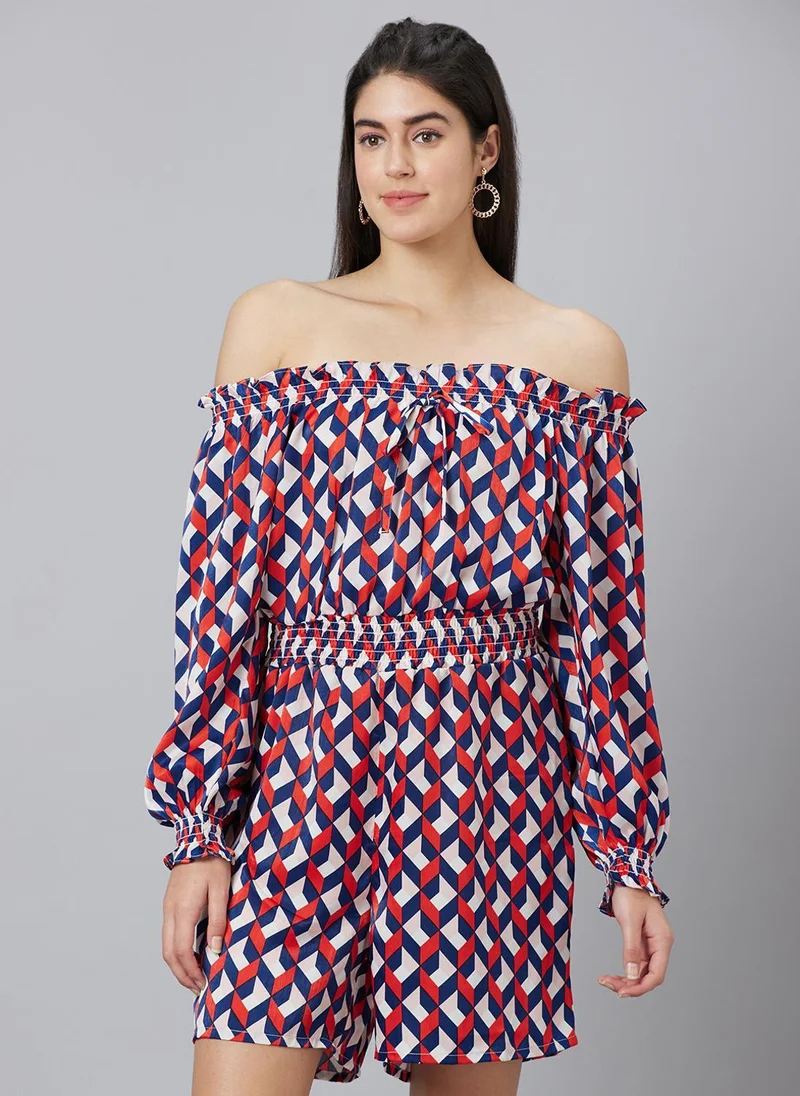 Globus Globus Women's Playsuit Multi Casual with Off Shoulder Neck and Geometric Print