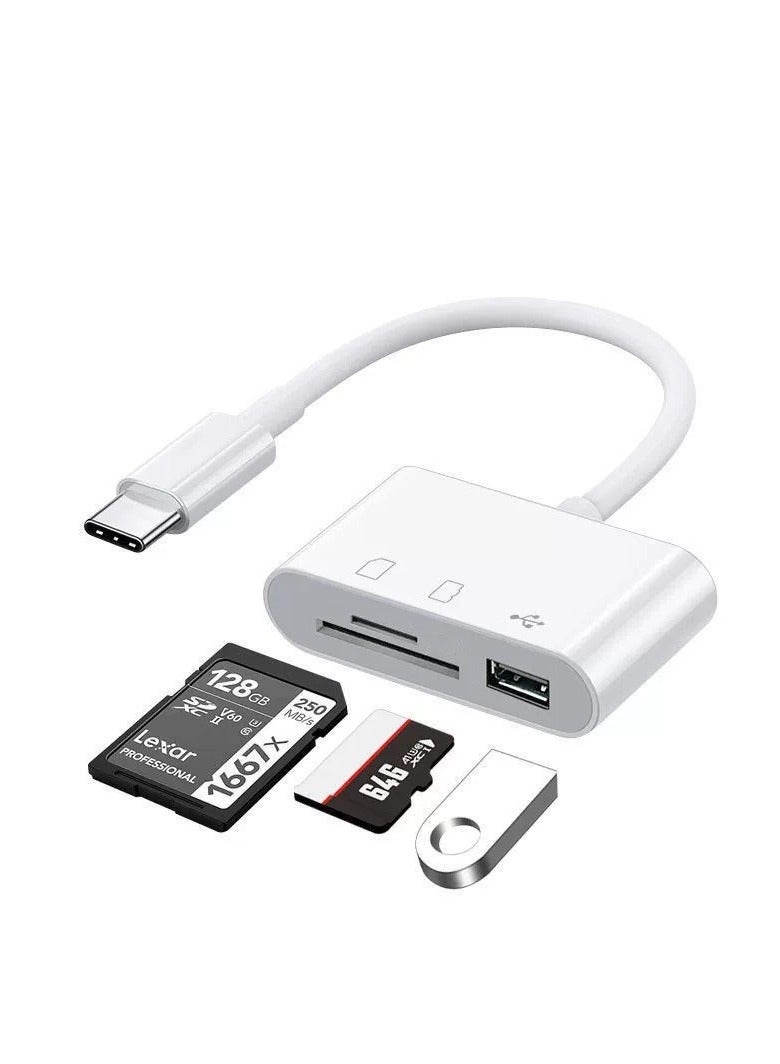 موزع قارئ بطاقات 3 في 1 من النوع C - محول متعدد المنافذ USB وSD وTF للهواتف والأجهزة اللوحية وأجهزة الكمبيوتر المحمولة - OTG Plug & Play، تصميم محمول، أبيض - Image 1