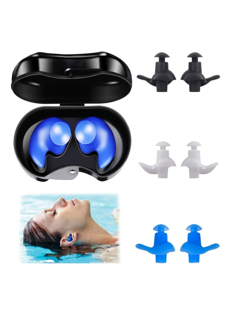 saykfoe 3 Pair Swimming Ear Plugs with Organizer Box for Adults, Professional Waterproof Reusable Silicone Earplugs for Swimming Showering Surfing Snorkeling and Other Water Sports (Black+White+Blue) - Image 1