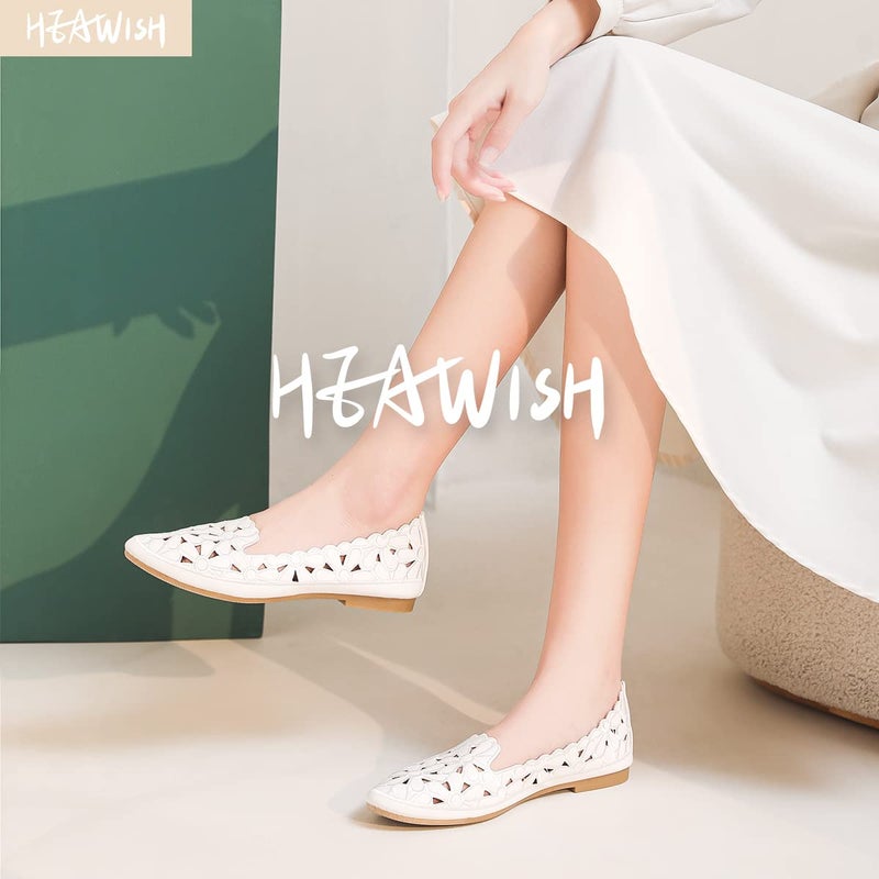 HEAWISH Women's Floral Ballet Flats for Women Black Beige Slip On Flowers PU Leather Round Toe Dress Shoes(White,US9) - Image 2