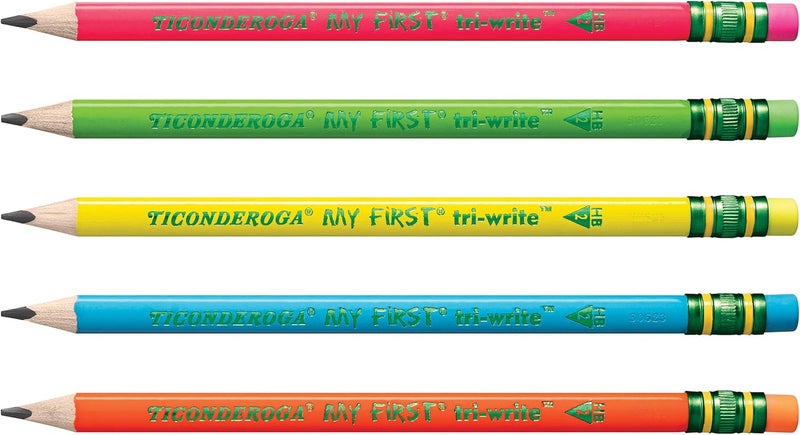 Ticonderoga My First Tri-Write Wood-Cased Pencils, Pre-Sharpened, 2 HB, With Erasers, Neon Colors, 12 Count - Image 1