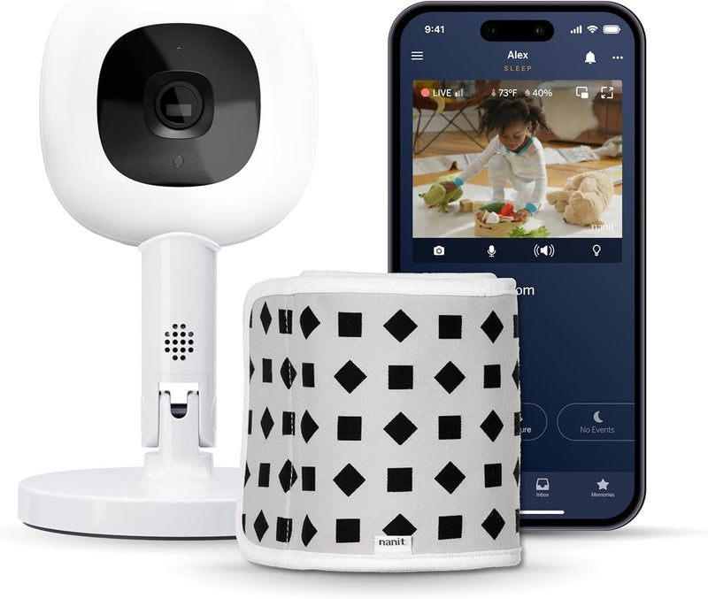 Nanit Pro 1080p HD Smart Baby Monitor & Flex Duo Stand, Featuring Split Screen and Alert Zone Function, Includes Small Breathing Band, White - Image 1