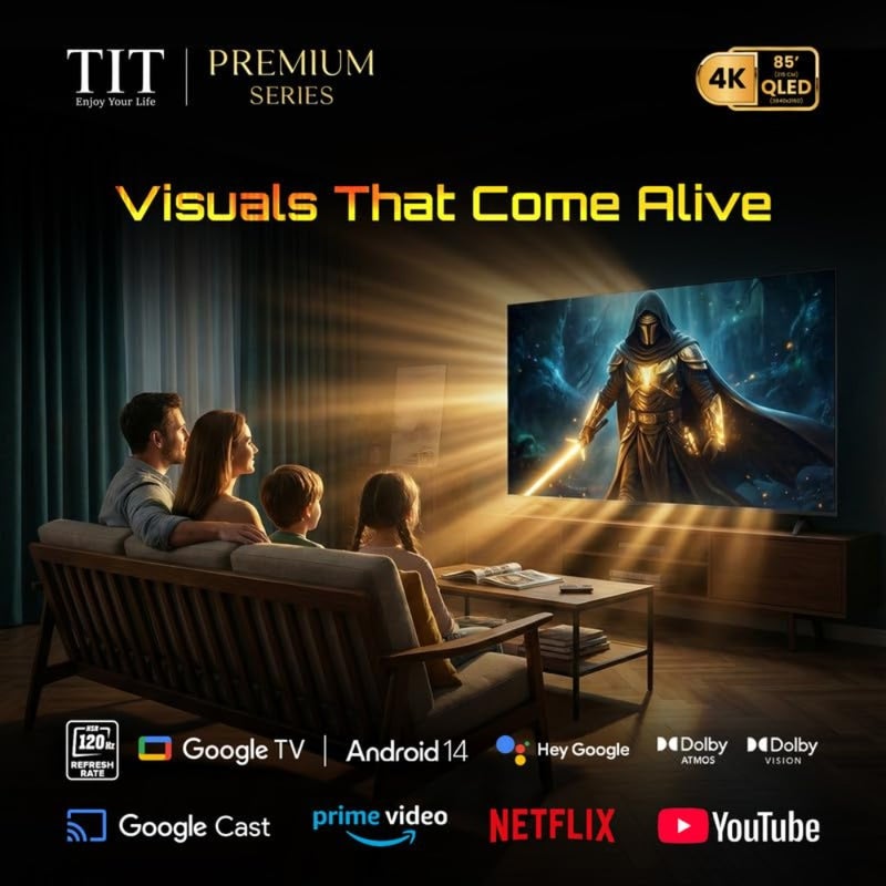 85-Inch 4K QLED Smart TV for home entertainment, black metal-plastic chassis, ultra-slim bezel design with 120Hz HSR gaming mode, Dolby Vision HDR10/HLG support, Google TV powered by Android 14 - Image 5