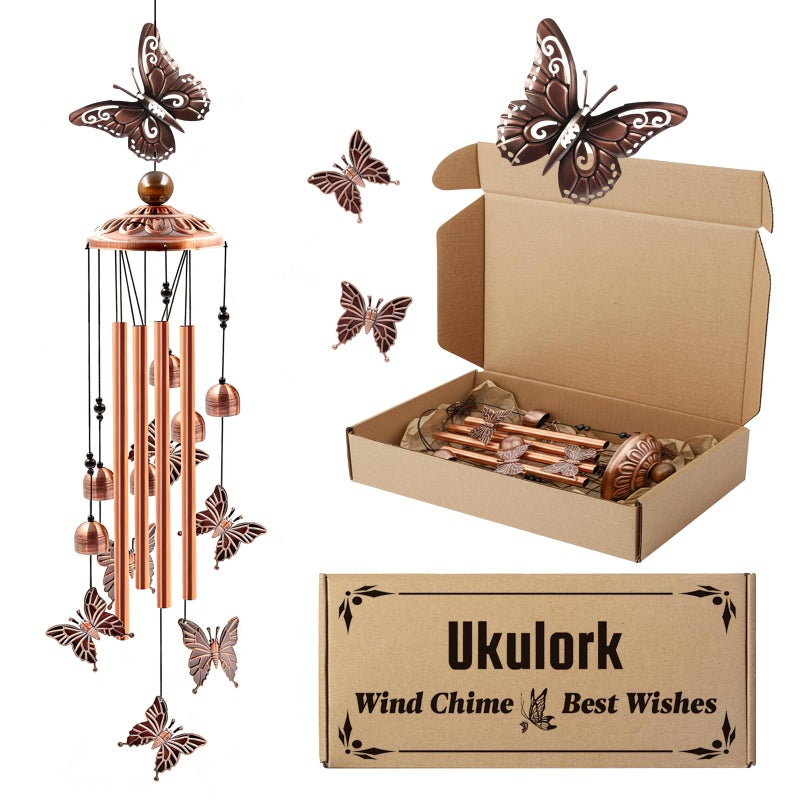 Ukulork Wind Chimes Outdoor Clearance, Butterflies Aluminum Tube Windchime with S Hook,Patio Garden Decor, Housewarming Gift. - Image 1