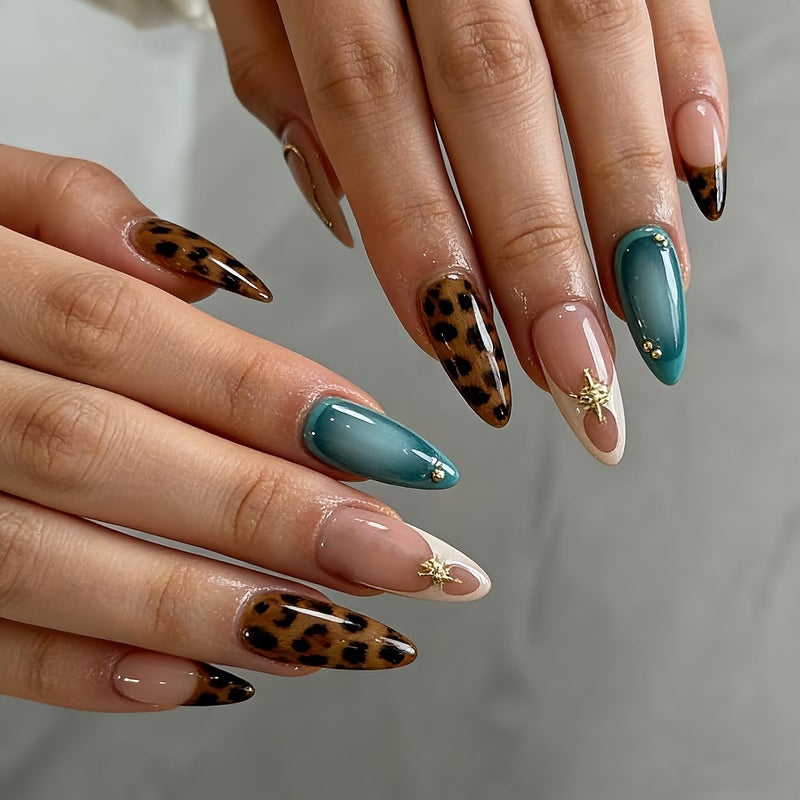 MABKJLF Press On Nails Medium Almond MABKJLF French Tip False Nails with Designs Leopard Print Cheetah Print Embossed Swirl Glossy Glue on Acrylic Nails for Women Girls 24 Pcs - Image 3