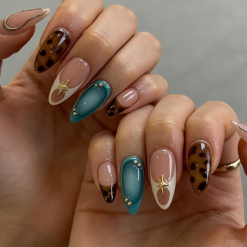 MABKJLF Press On Nails Medium Almond MABKJLF French Tip False Nails with Designs Leopard Print Cheetah Print Embossed Swirl Glossy Glue on Acrylic Nails for Women Girls 24 Pcs - Image 1