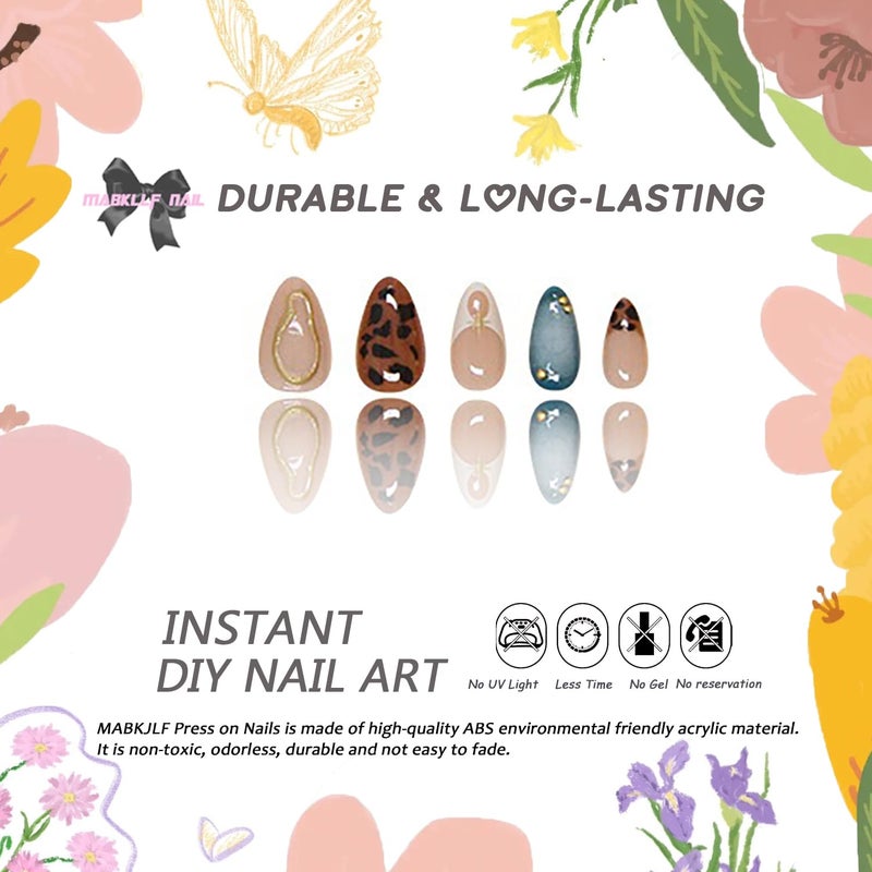 MABKJLF Press On Nails Medium Almond MABKJLF French Tip False Nails with Designs Leopard Print Cheetah Print Embossed Swirl Glossy Glue on Acrylic Nails for Women Girls 24 Pcs - Image 5