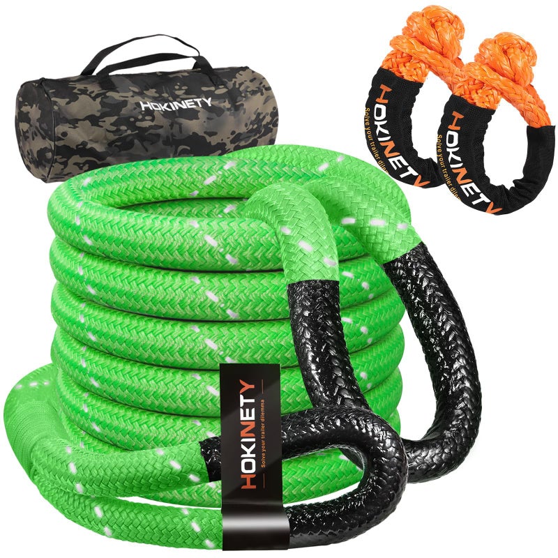 HOKINETY Kinetic Recovery Tow Rope: 1.26" x 20ft 55000LBS Reflective Snatch Strap with Soft Shackles Heavy Duty Offroad Towing Straps Kit for Trucks SUV UTV ATV Tractor Car Jeep - Neon Green - Image 1