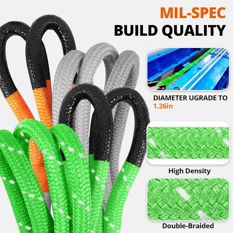 HOKINETY Kinetic Recovery Tow Rope: 1.26" x 20ft 55000LBS Reflective Snatch Strap with Soft Shackles Heavy Duty Offroad Towing Straps Kit for Trucks SUV UTV ATV Tractor Car Jeep - Neon Green - Image 2