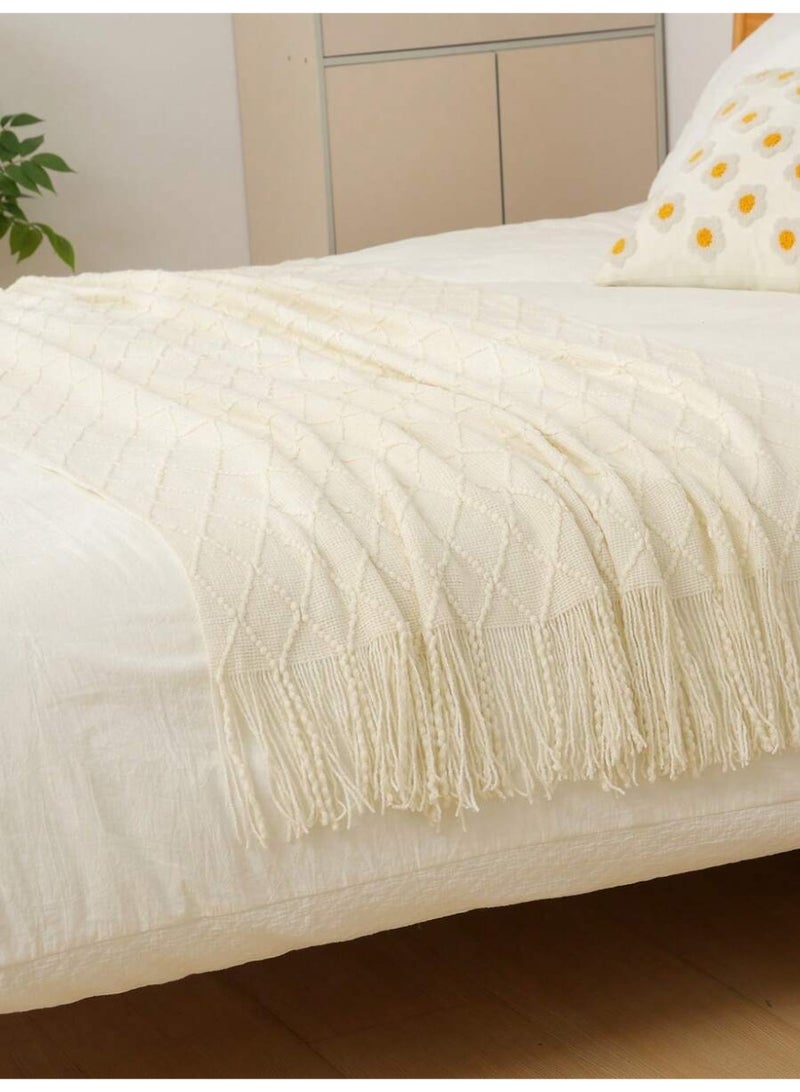 زيفانا بطانية ناعمة بتصميم شرابة للحفاظ على الدفء أكريليك أبيض 127 × 172 سم - Image 4