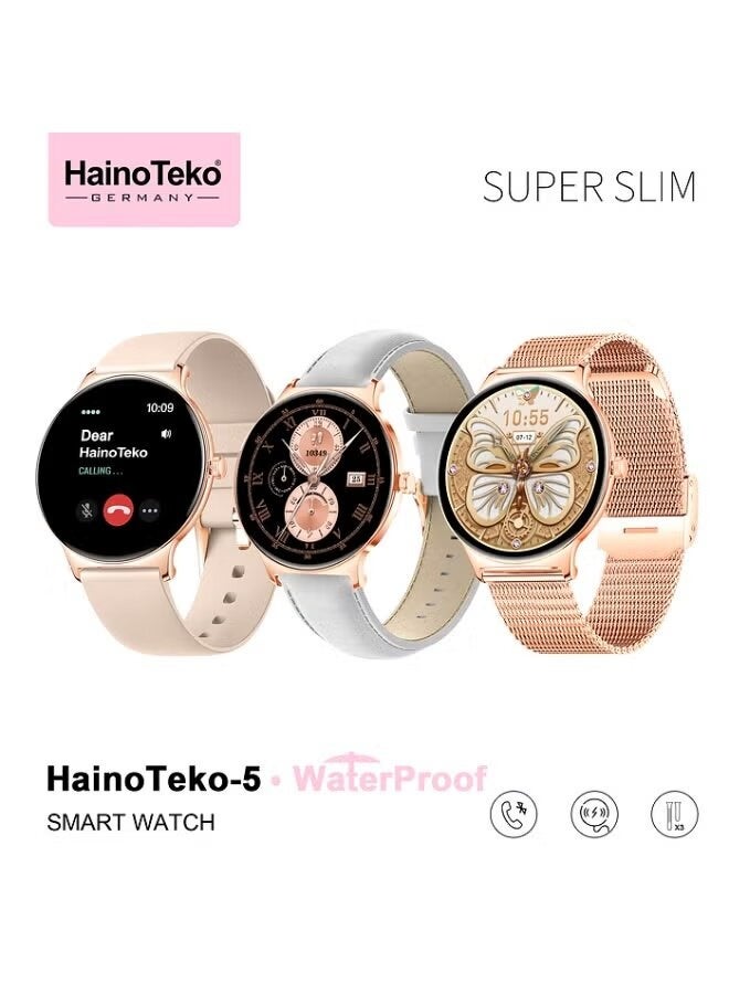 HainoTeko ساعة ذكية رفيعة جداً للسيدات - شاشة AMOLED دائرية، مقاومة للماء، مساعد صوتي ذكي، تتبع اللياقة والنوم، مراقب معدل ضربات القلب، 3 أحزمة ذهبية قابلة للتبديل - Image 2