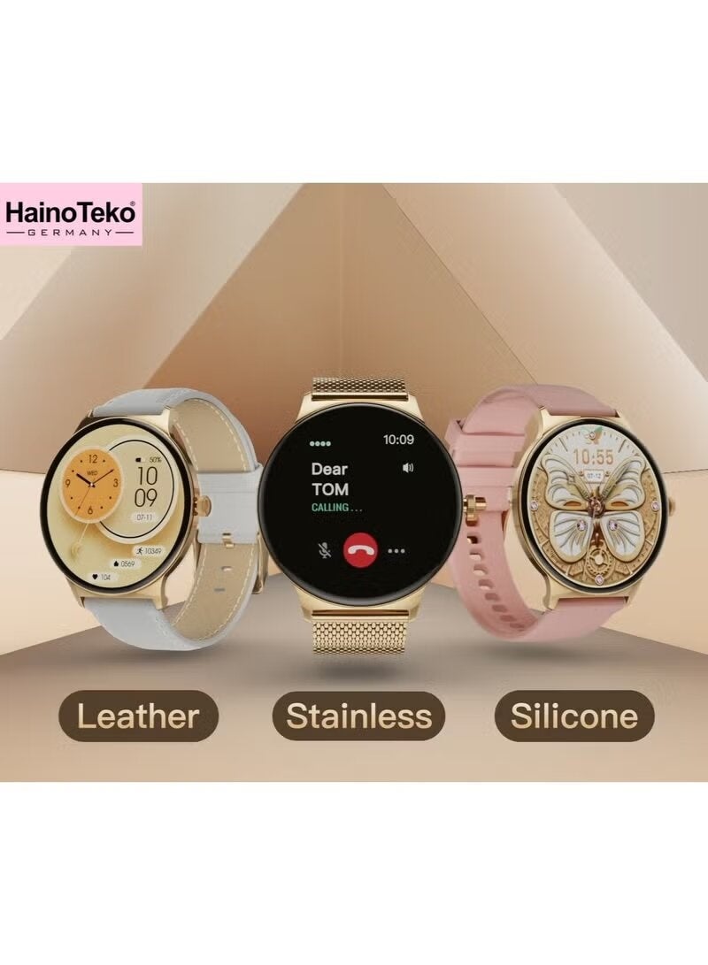 HainoTeko ساعة ذكية رفيعة جداً للسيدات - شاشة AMOLED دائرية، مقاومة للماء، مساعد صوتي ذكي، تتبع اللياقة والنوم، مراقب معدل ضربات القلب، 3 أحزمة ذهبية قابلة للتبديل - Image 4