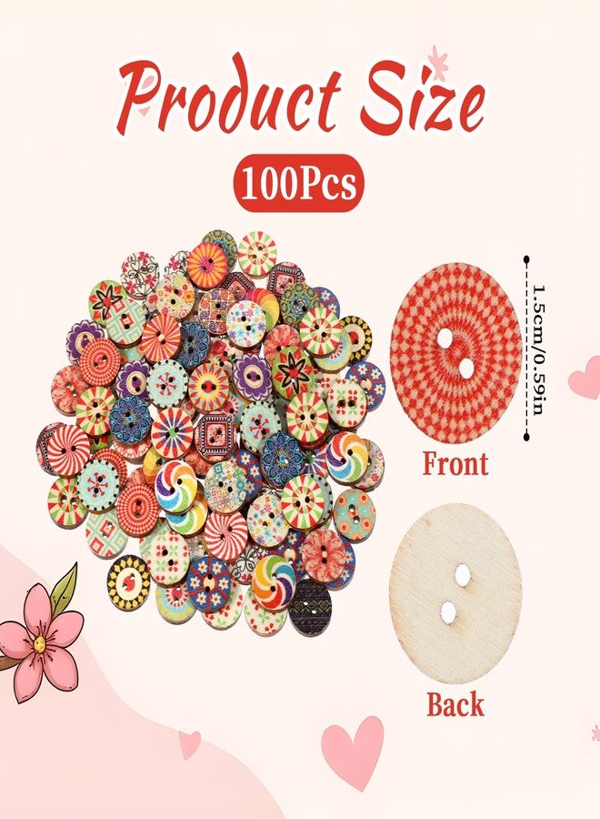 cobee Pack of 100 Colourful Wooden Buttons, 15 mm Vintage Sewing Buttons, Round Flowers Doll Buttons, Craft Buttons for Sewing, Geometric Pattern, Children's Buttons for Sewing, DIY, Crafts, - Image 3