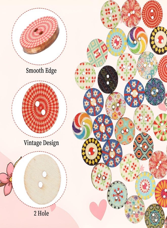 cobee Pack of 100 Colourful Wooden Buttons, 15 mm Vintage Sewing Buttons, Round Flowers Doll Buttons, Craft Buttons for Sewing, Geometric Pattern, Children's Buttons for Sewing, DIY, Crafts, - Image 4