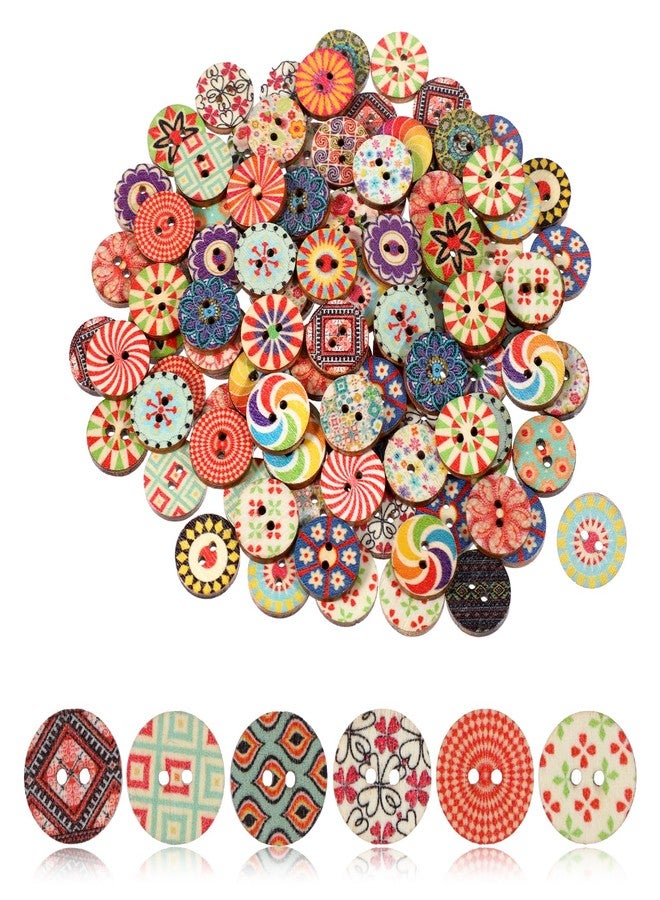 cobee Pack of 100 Colourful Wooden Buttons, 15 mm Vintage Sewing Buttons, Round Flowers Doll Buttons, Craft Buttons for Sewing, Geometric Pattern, Children's Buttons for Sewing, DIY, Crafts, - Image 1