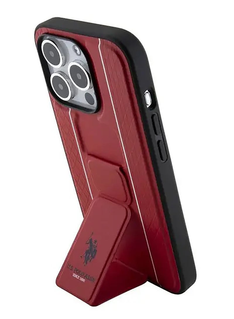 U.S.Polo PU Leather Textured Pattern Grip Stand Case for iPhone 15 Pro - Red - Image 2