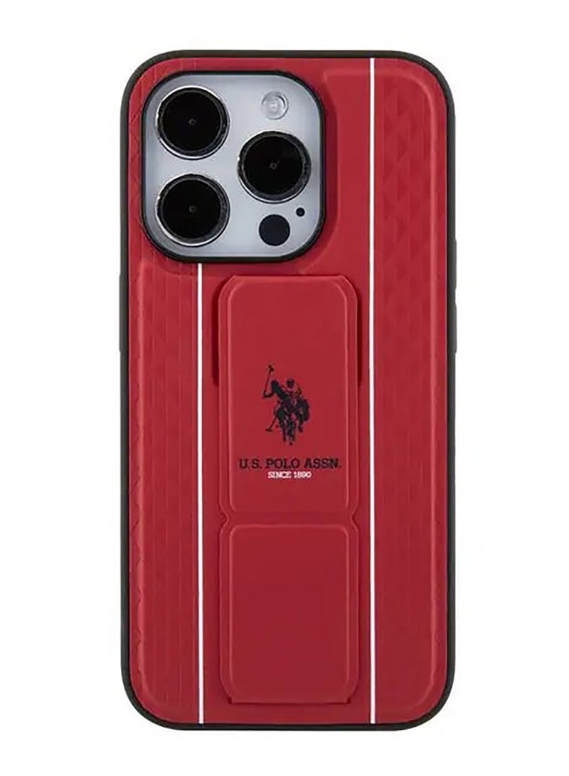 U.S.Polo PU Leather Textured Pattern Grip Stand Case for iPhone 15 Pro - Red - Image 3