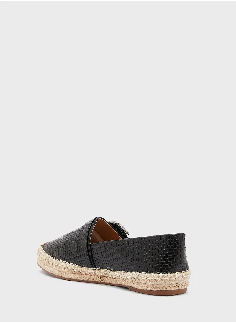 ELLA Textured Diamante Buckle Flat Espadrille