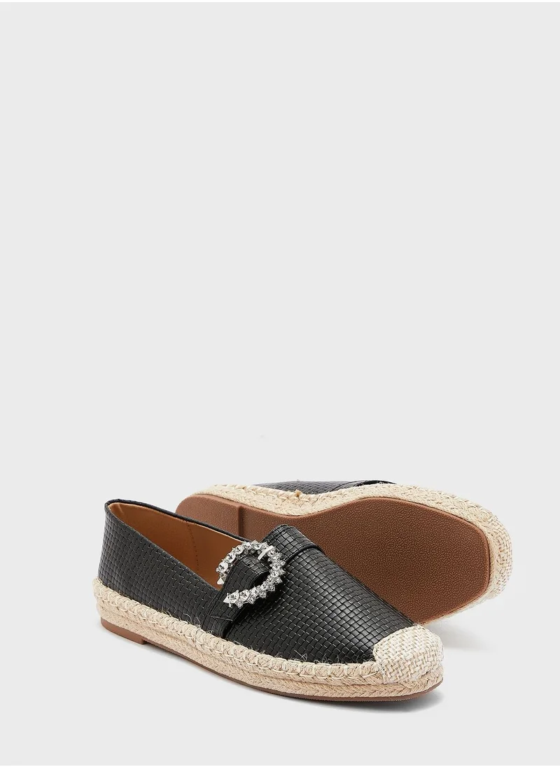 ELLA Textured Diamante Buckle Flat Espadrille