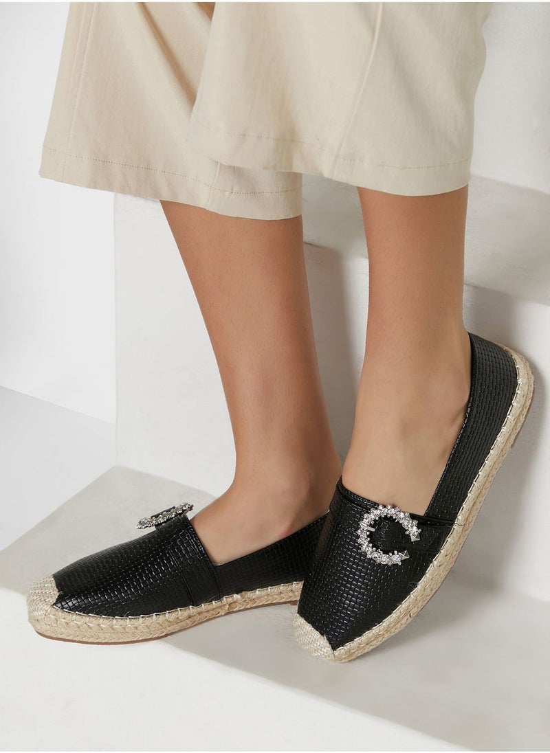 ELLA Textured Diamante Buckle Flat Espadrille  - Image 2