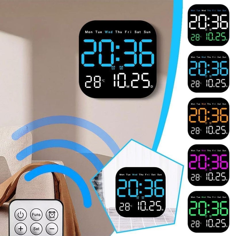 Parlberd ساعة حائط رقمية، 9 بوصة LED مع جهاز تحكم عن بعد لتزيين غرفة المعيشة، عرض الأسبوع/التاريخ/درجة الحرارة، سطوع تلقائي، قابلة للوقوف والتعليق لغرفة المعيشة، غرفة النوم، مكتب الديكور - Image 3