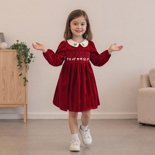 Xnqiwq Kids Toddler Girl Christmas Outfit Velvet Dress Doll Collar Long Sleeve Smocked Dresses Party Xmas Winter Clothes (Red, 2-3 Years) - Image 3