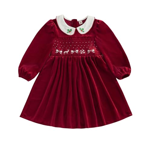 Xnqiwq Kids Toddler Girl Christmas Outfit Velvet Dress Doll Collar Long Sleeve Smocked Dresses Party Xmas Winter Clothes (Red, 2-3 Years) - Image 1