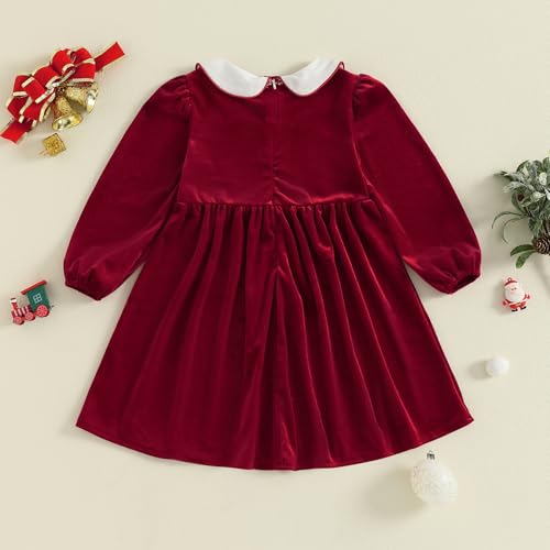 Xnqiwq Kids Toddler Girl Christmas Outfit Velvet Dress Doll Collar Long Sleeve Smocked Dresses Party Xmas Winter Clothes (Red, 2-3 Years) - Image 5