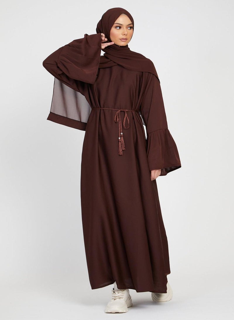 NUKHBAA Elegant Tan plain abaya wityh belt and Hijab-AB79  - Image 1