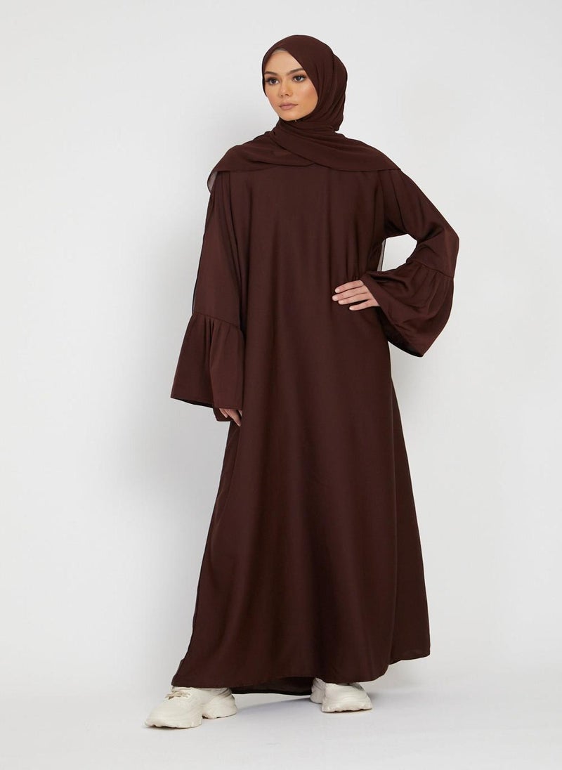 NUKHBAA Elegant Tan plain abaya wityh belt and Hijab-AB79  - Image 2