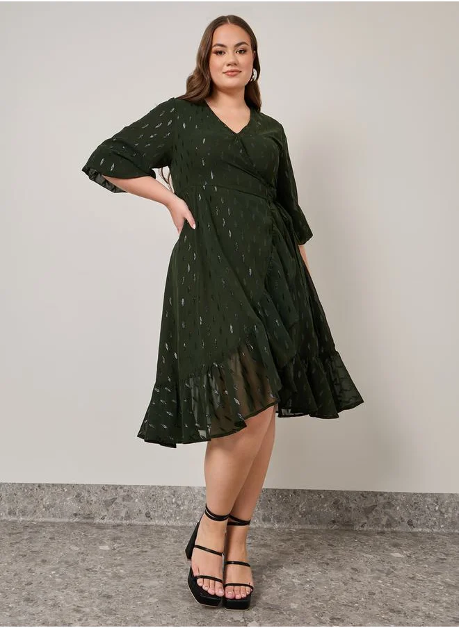 Styli Plus Asymmetric 3/4 Sleeve Wrap Midi Dress