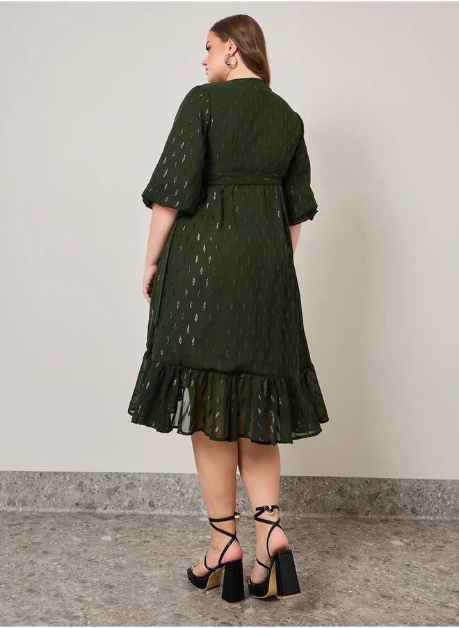 Styli Plus Asymmetric 3/4 Sleeve Wrap Midi Dress