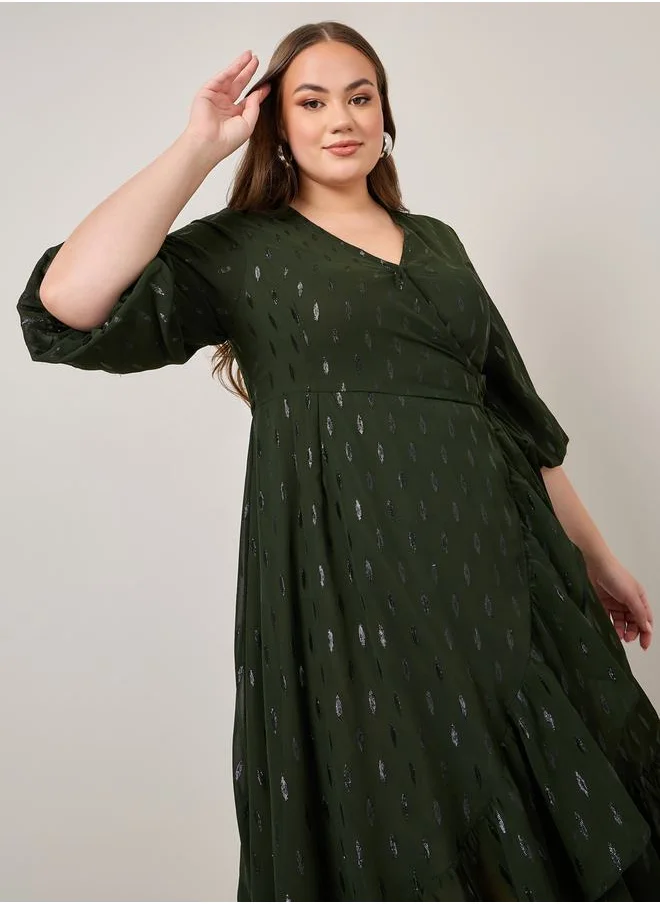 Styli Plus Asymmetric 3/4 Sleeve Wrap Midi Dress