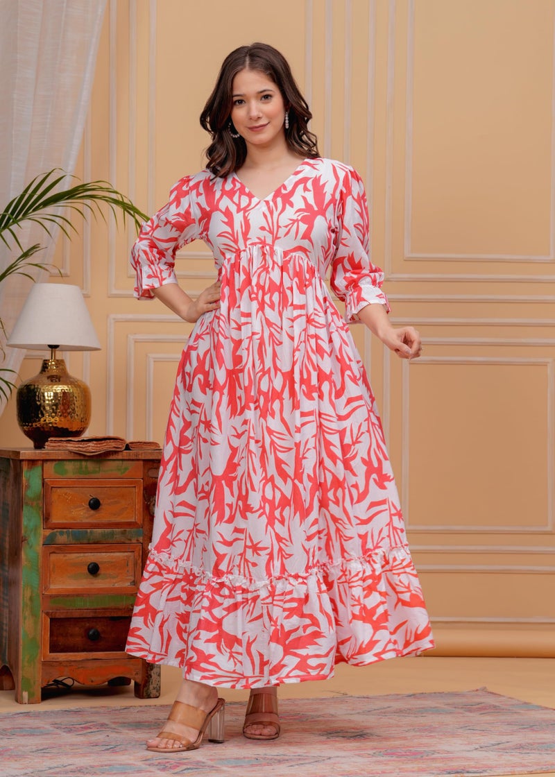 MEERA FAB Women's Anarkali Floral Printed Ankle Length Dress for Women Pink, Small - Image 4