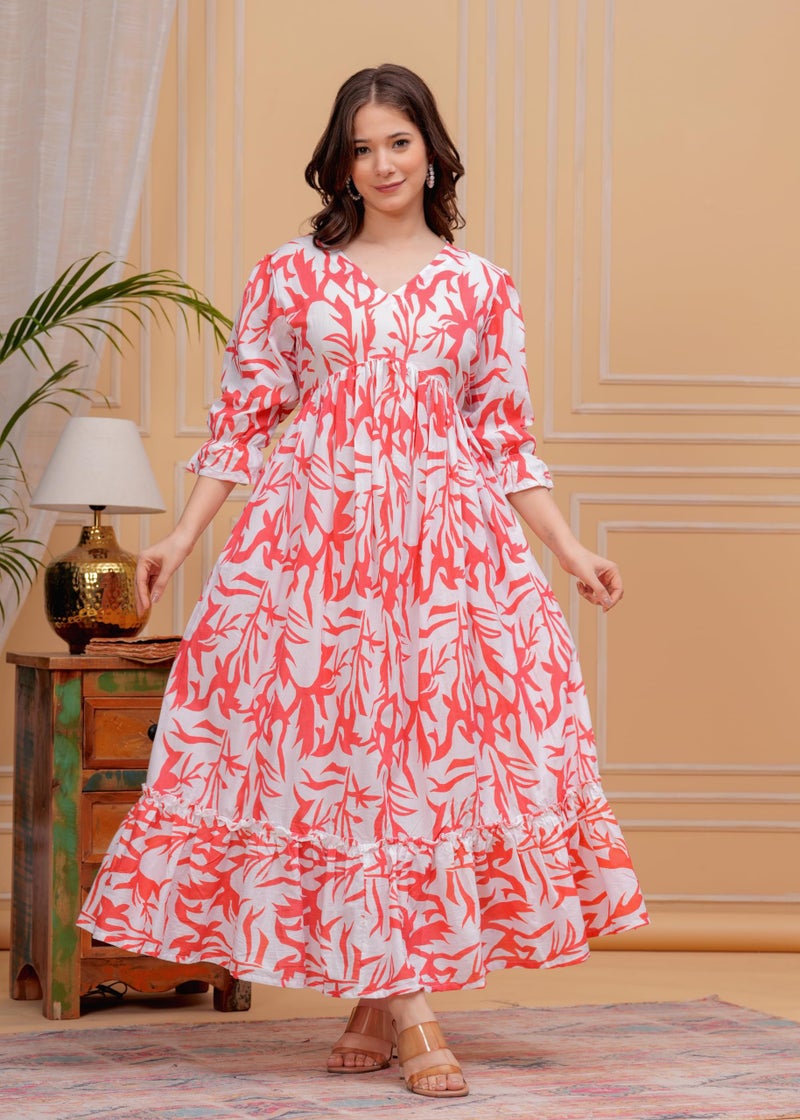 MEERA FAB Women's Anarkali Floral Printed Ankle Length Dress for Women Pink, Small - Image 3
