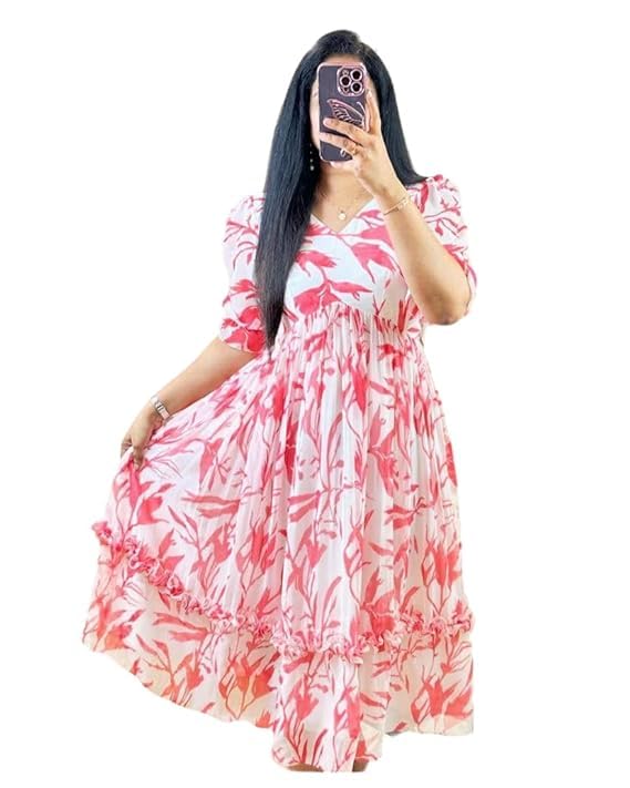 MEERA FAB Women's Anarkali Floral Printed Ankle Length Dress for Women Pink, Small - Image 1