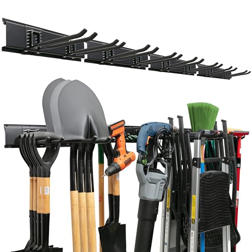 TIDYME Garage Tool Organizer Wall Mount 64 inches Sturdy Storage Rack with Adjustable Hooks AntiRust Easy Installation 400lbs Capacity Garden Tool Organizer 04 Racks 08 Hooks