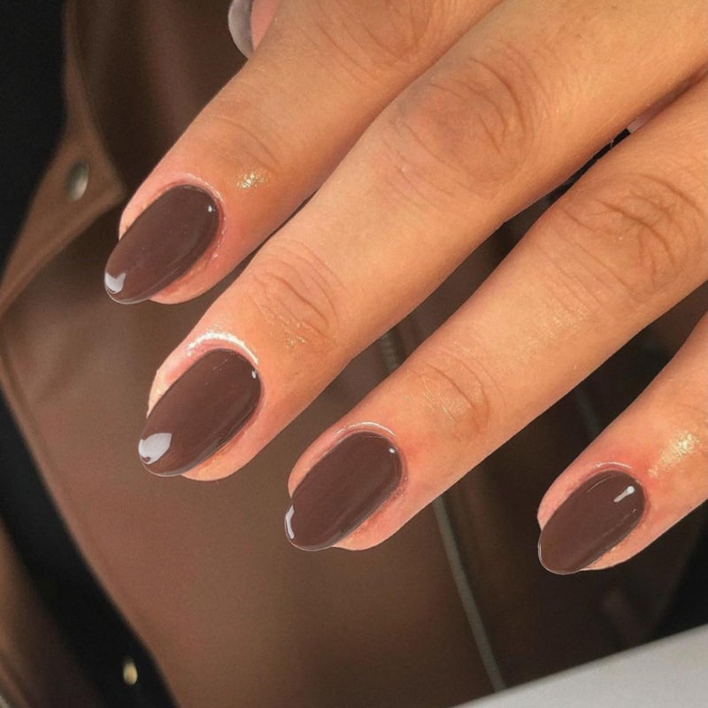 XCREANDO Brown Press on Nails Short Oval Fake Nails Press ons, Solid Color Soft Gel Glue on Nails Short Fake Nails Round Shaped, Medium Almond Stick on Nails for Women 24 Pcs - Image 1