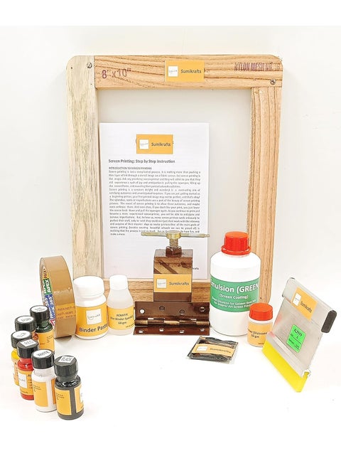 sumikrafts Screen Printing kit for Beginners 6 Assorted Pigment Dyes Single Hinge Table clampWooden Frame Small 8x10 pre Stretched mesh no 16Option 4