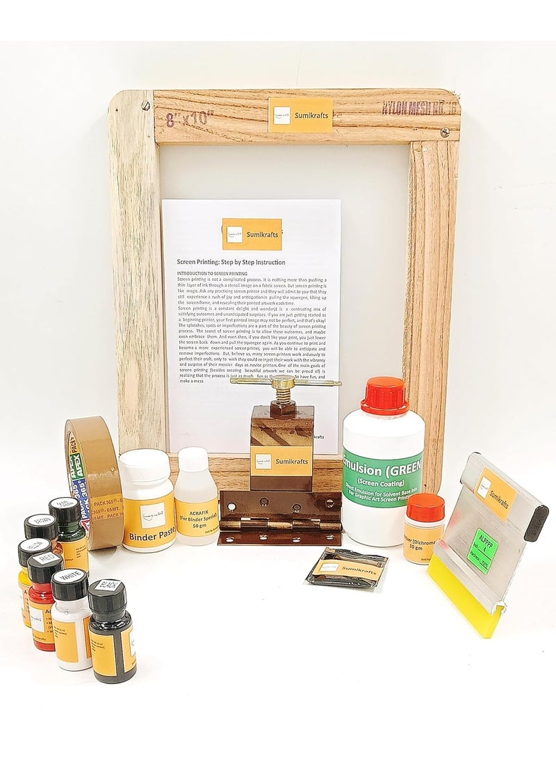sumikrafts - sumikrafts Screen Printing kit for Beginners 6 Assorted Pigment Dyes Single Hinge Table clampWooden Frame Small 8x10 pre Stretched mesh no 16Option 4 - Image 1