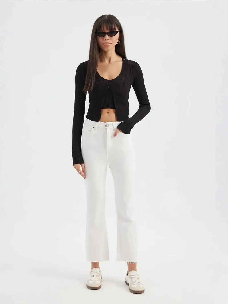 HICCUP Twin Set: Knitted V-Neck Long Sleeve Cardigan with Button Detail and Crop Top