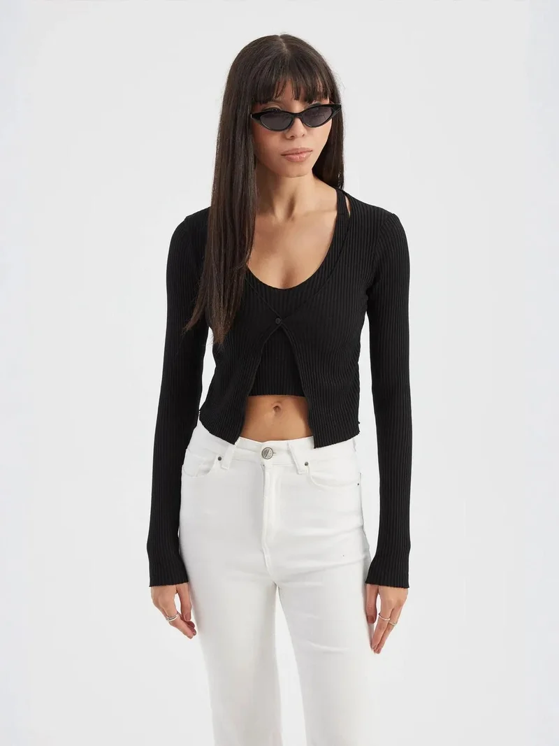 HICCUP Twin Set: Knitted V-Neck Long Sleeve Cardigan with Button Detail and Crop Top