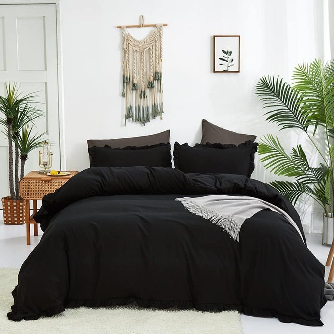 BLACK RUFFLES QUEEN COMFORTER SET FARMHOUSE BEDDING COMFORTER SETS SHABBY CHIC COMFORTER BOHO COMFORTER QUEEN WITH 2 X PILLOW CASES