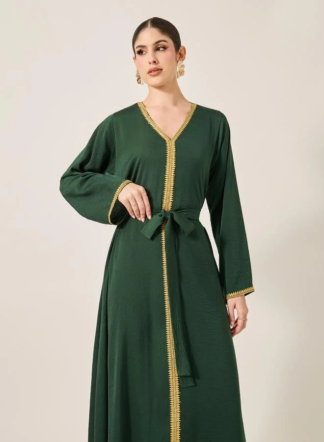 Styli Lace Trim Waist Tie-Up V-Neck Jalabyia