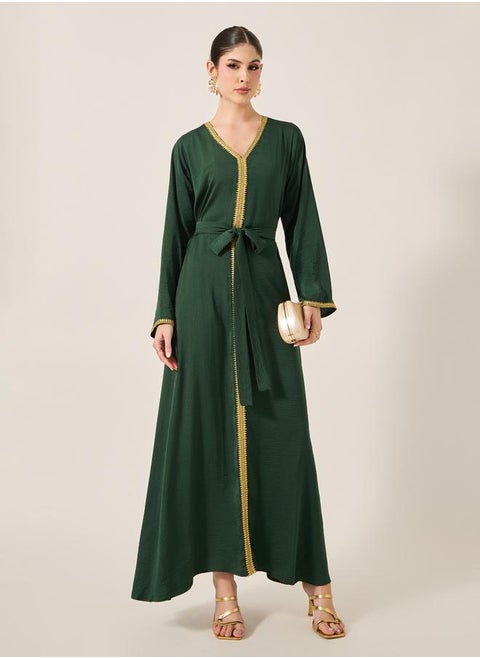 Lace Trim Waist Tie-Up V-Neck Jalabyia
