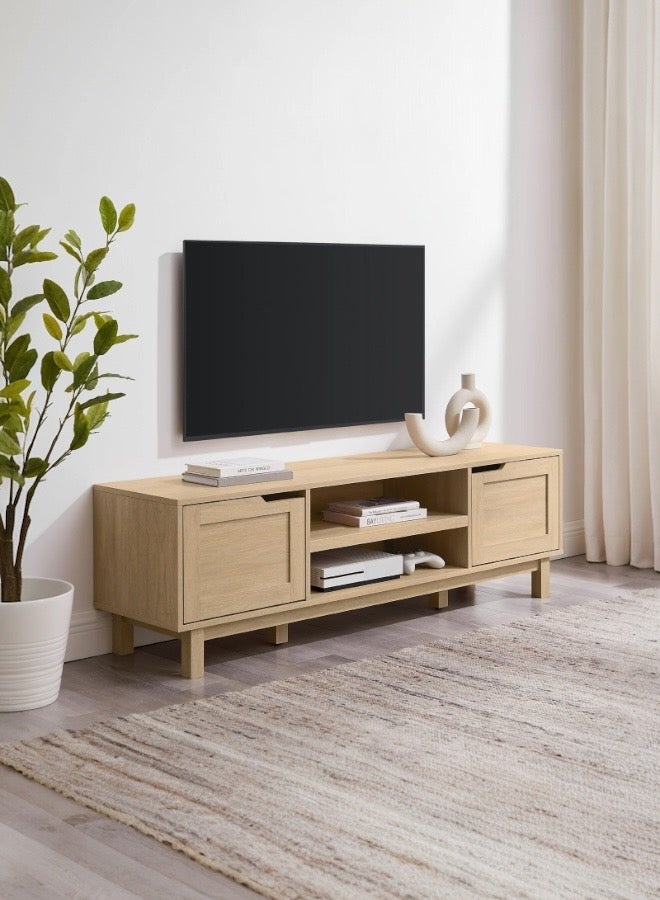 woodx - Modern TV Stand with Storage Cabinets and Open Shelves - Natural Wood Finish - Image 1